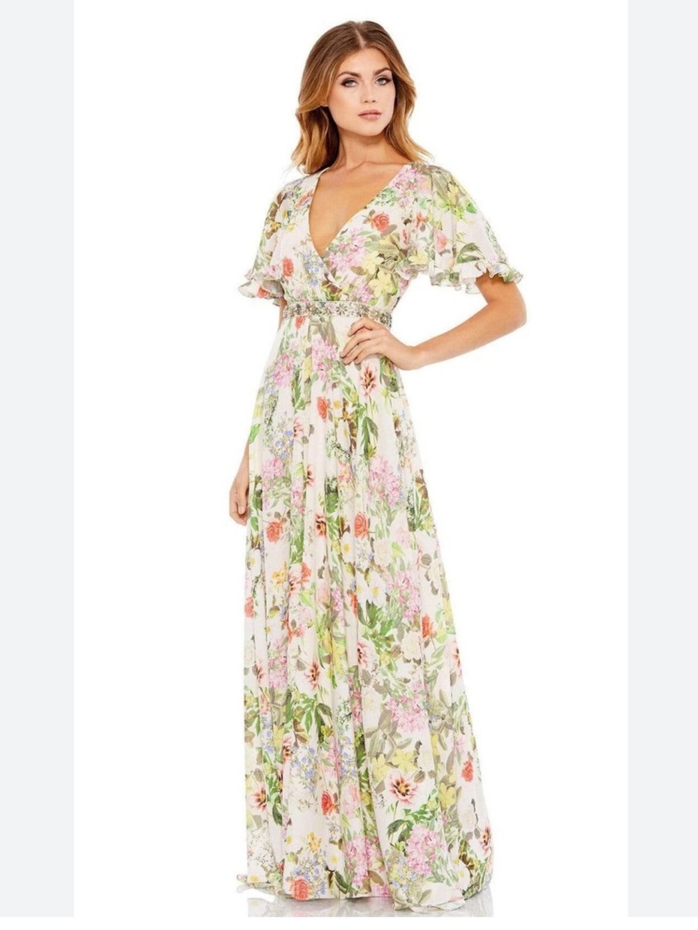 Mac Duggal Floral Maxi Dress Embellished Waist Size 2